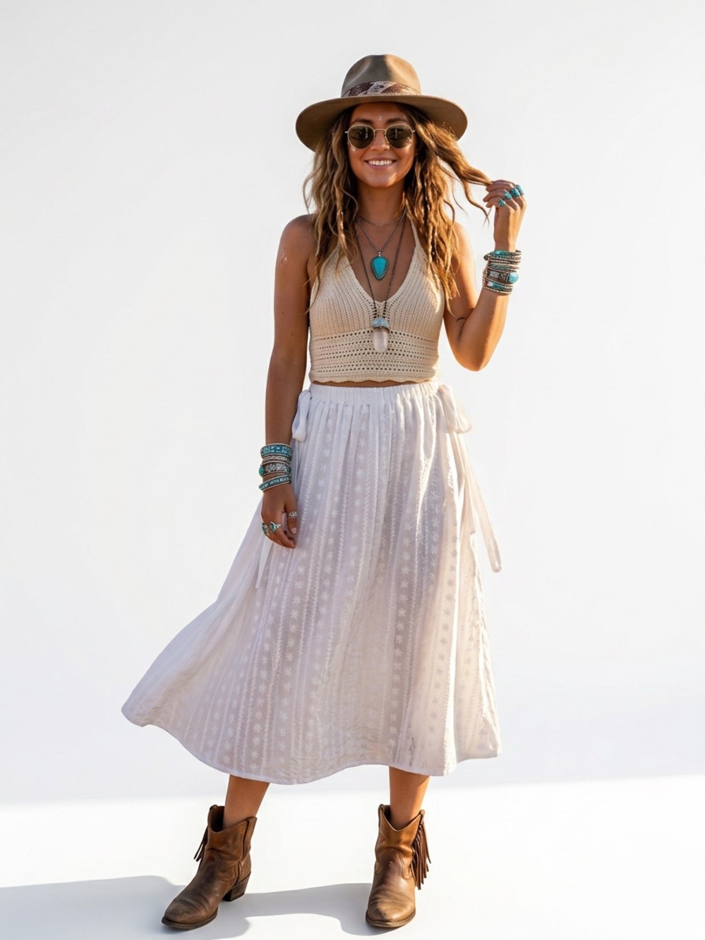 NLT White Cotton Embroidered Midi Skirt Size Medium/Large Festival Boho Croquet